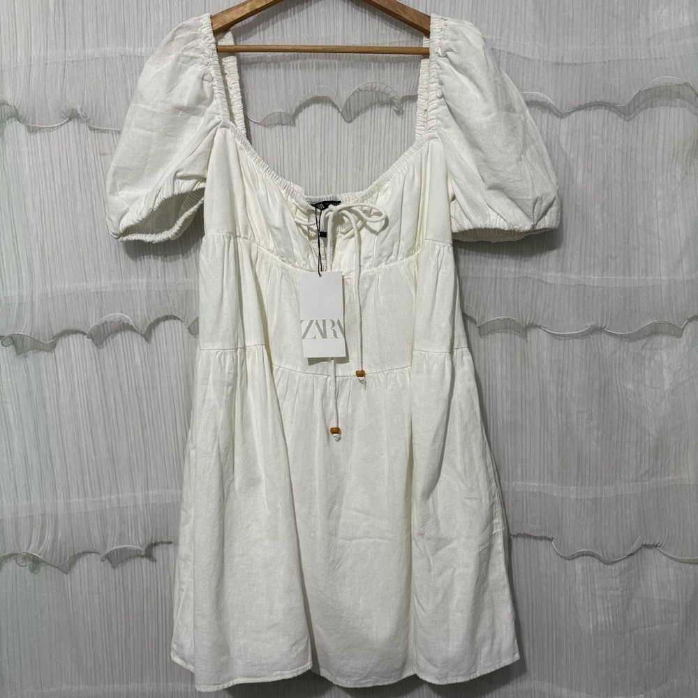 Zara Linen Blend Size L White Mini Dress Puff Sleeve Tie Front Coastal Festival